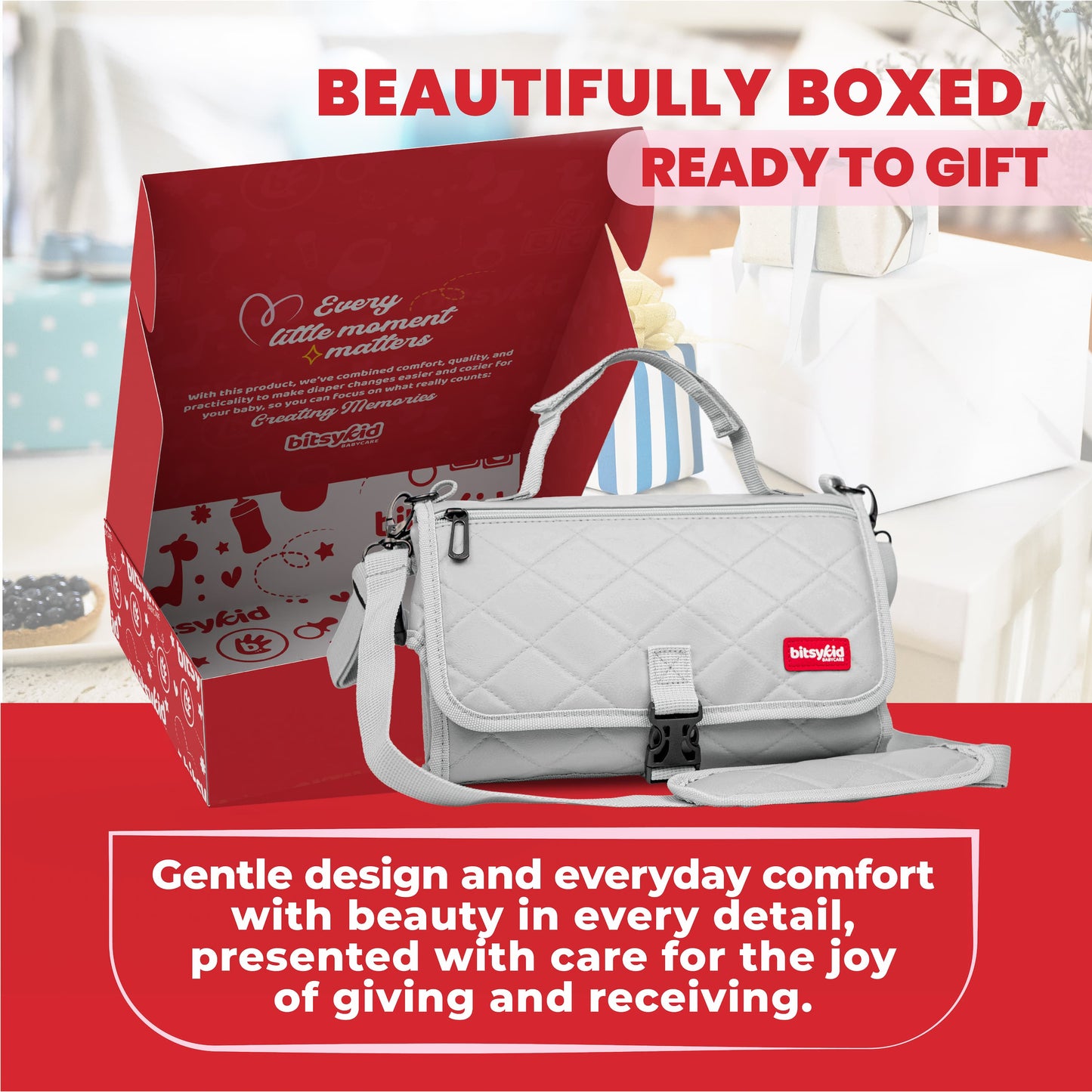 Bitsykid Portable Diaper Changing Pad – Extra-Cushioned Travel Mat with Built-In Wipes Pocket – Waterproof, Easy to Clean, Gift-Ready (Cloud Gray)