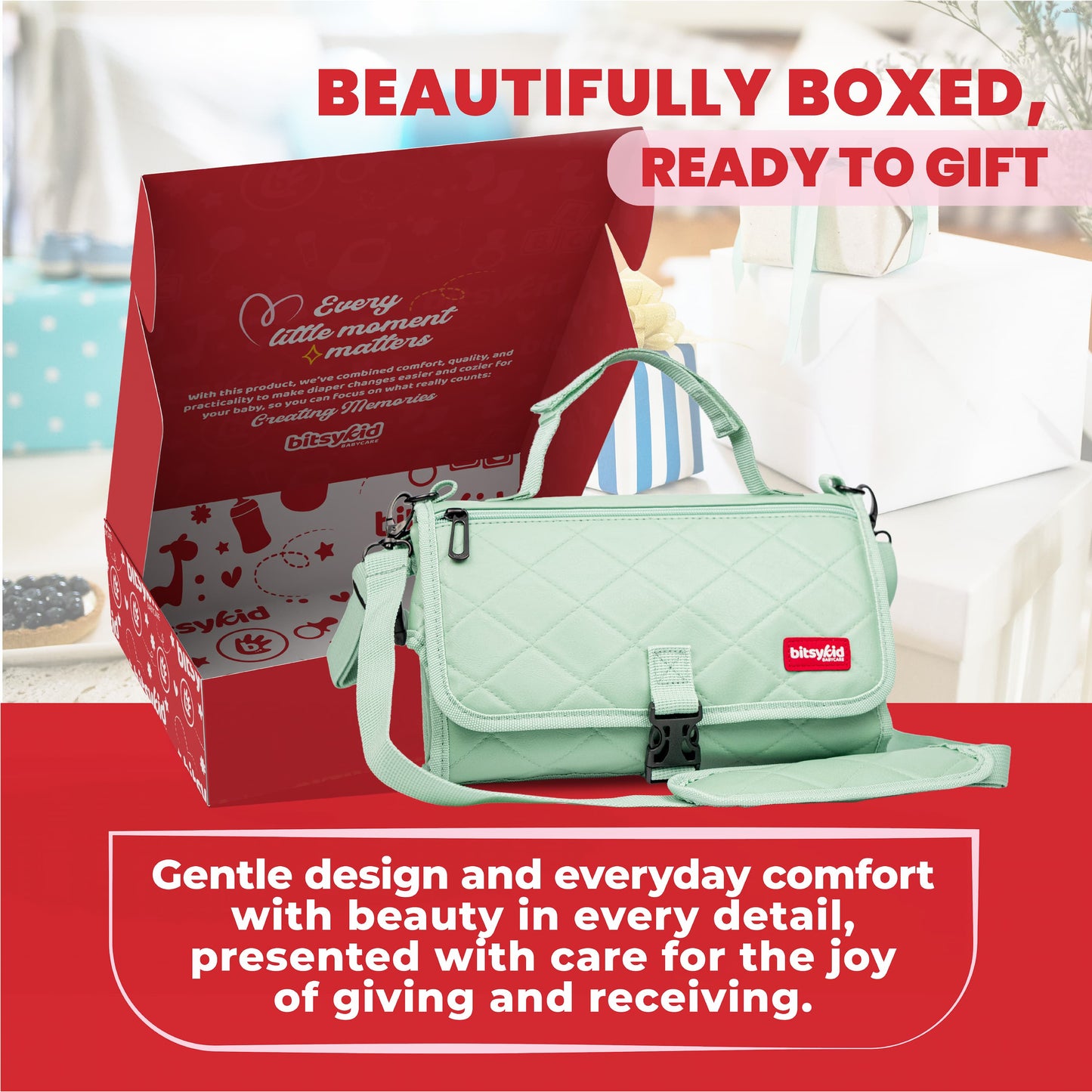 Bitsykid Portable Diaper Changing Pad – Extra-Cushioned Travel Mat with Built-In Wipes Pocket – Waterproof, Easy to Clean, Gift-Ready (Seafoam Green)