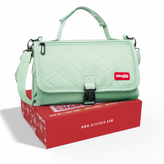 Bitsykid Portable Diaper Changing Pad – Extra-Cushioned Travel Mat with Built-In Wipes Pocket – Waterproof, Easy to Clean, Gift-Ready (Seafoam Green)