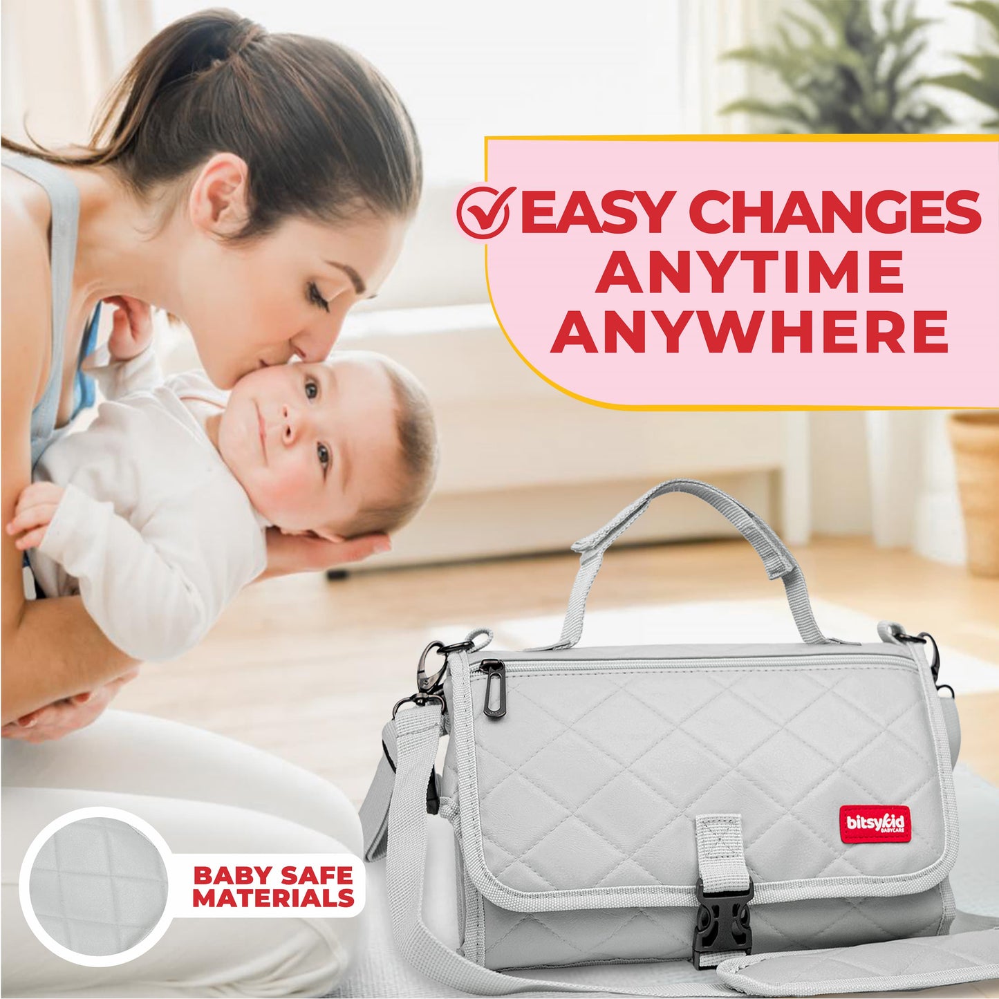 Bitsykid Portable Diaper Changing Pad – Extra-Cushioned Travel Mat with Built-In Wipes Pocket – Waterproof, Easy to Clean, Gift-Ready (Cloud Gray)