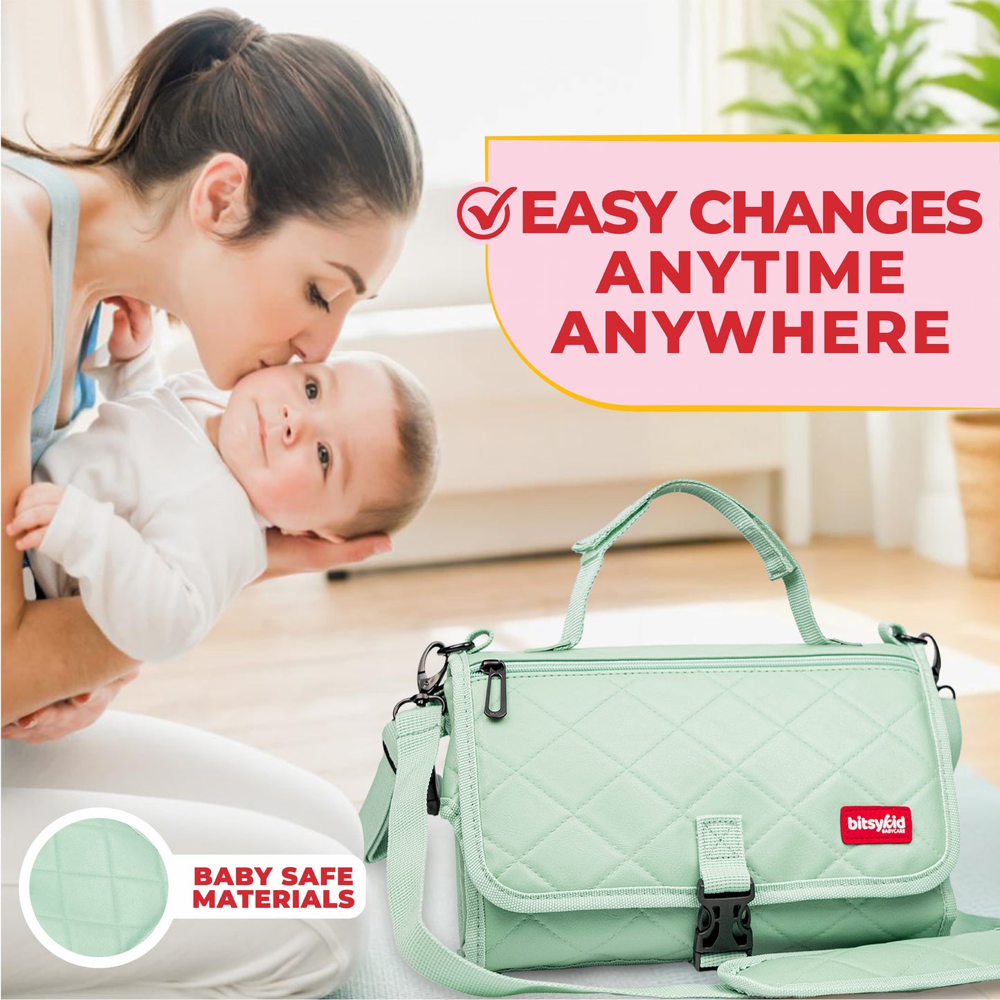 Bitsykid Portable Diaper Changing Pad – Extra-Cushioned Travel Mat with Built-In Wipes Pocket – Waterproof, Easy to Clean, Gift-Ready (Seafoam Green)