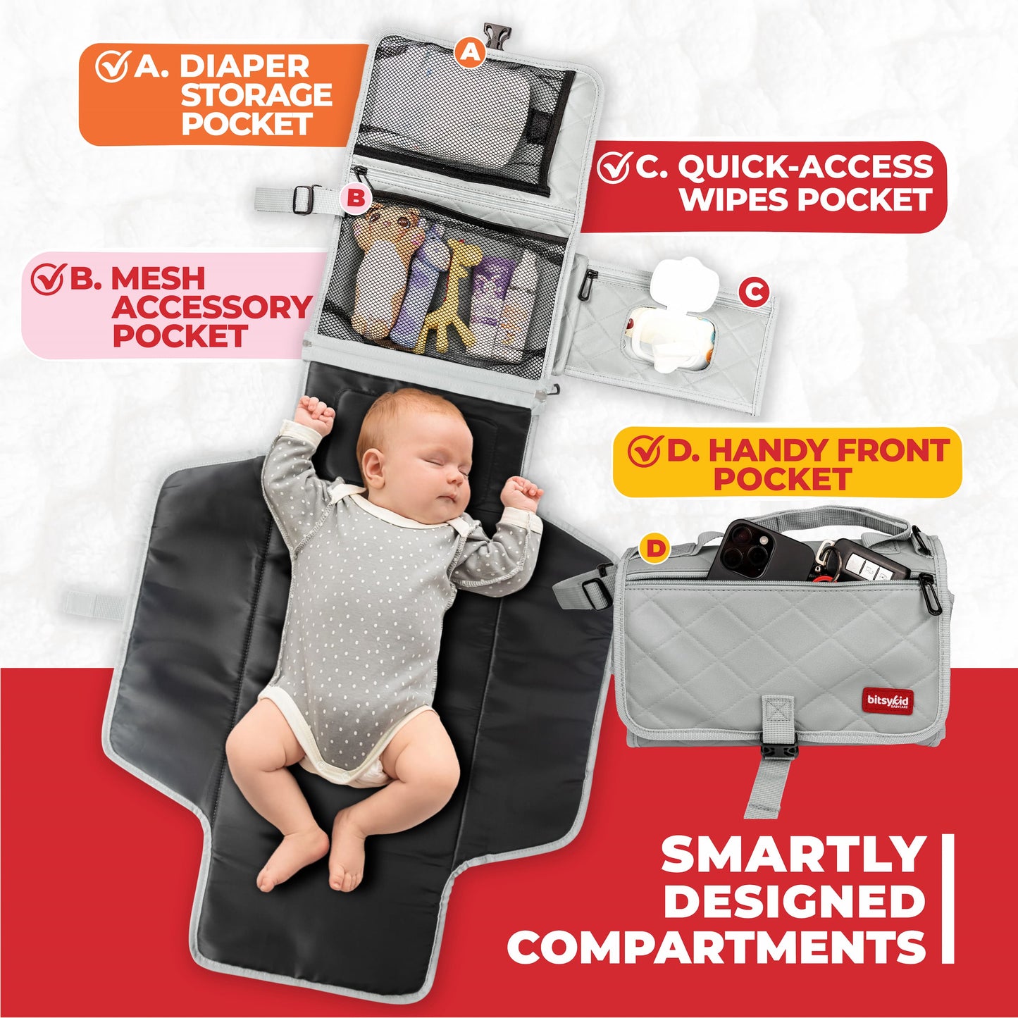 Bitsykid Portable Diaper Changing Pad – Extra-Cushioned Travel Mat with Built-In Wipes Pocket – Waterproof, Easy to Clean, Gift-Ready (Cloud Gray)