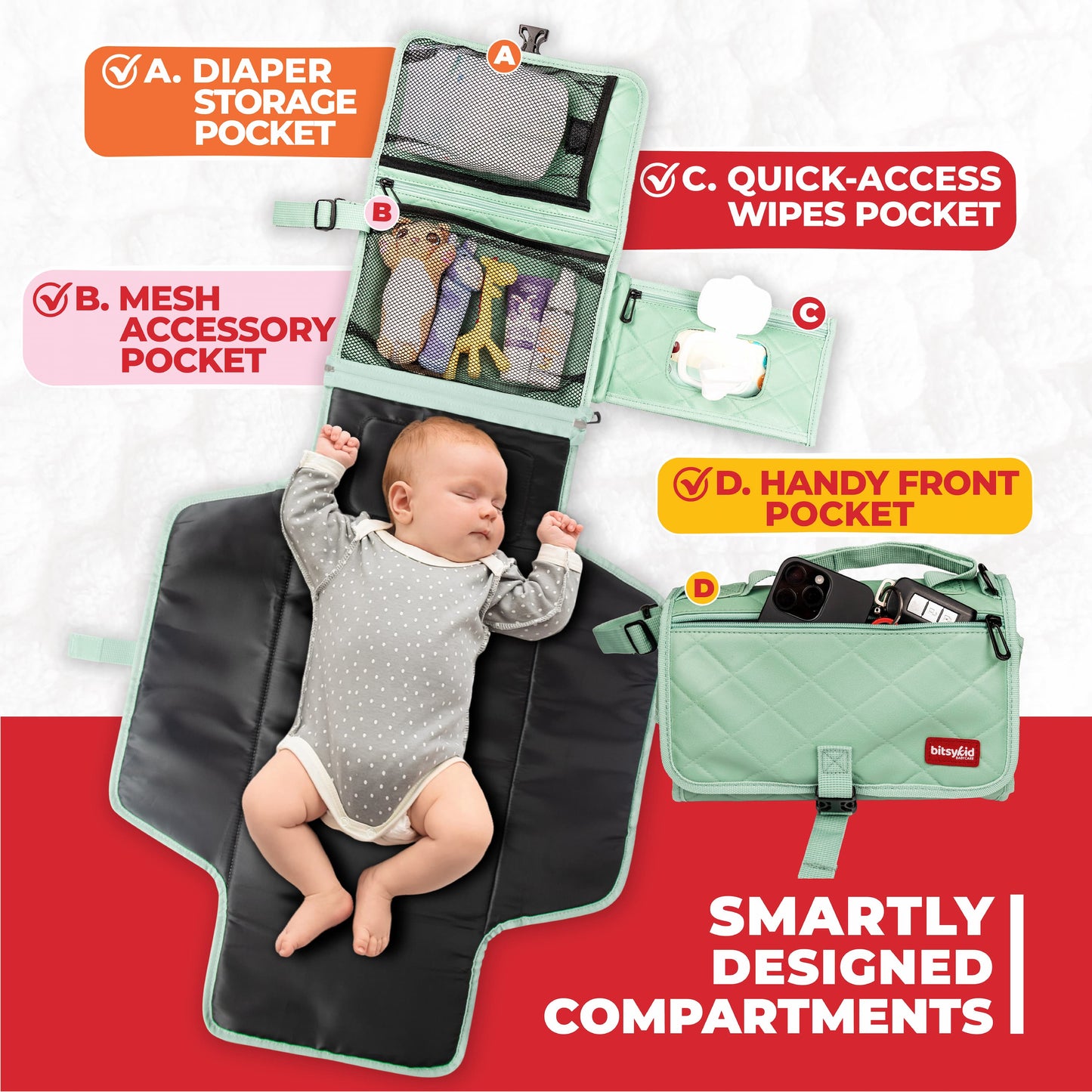 Bitsykid Portable Diaper Changing Pad – Extra-Cushioned Travel Mat with Built-In Wipes Pocket – Waterproof, Easy to Clean, Gift-Ready (Seafoam Green)