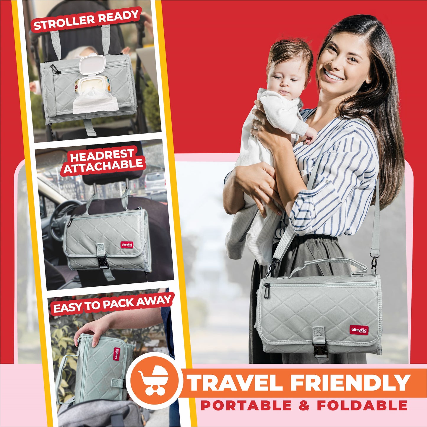 Bitsykid Portable Diaper Changing Pad – Extra-Cushioned Travel Mat with Built-In Wipes Pocket – Waterproof, Easy to Clean, Gift-Ready (Cloud Gray)