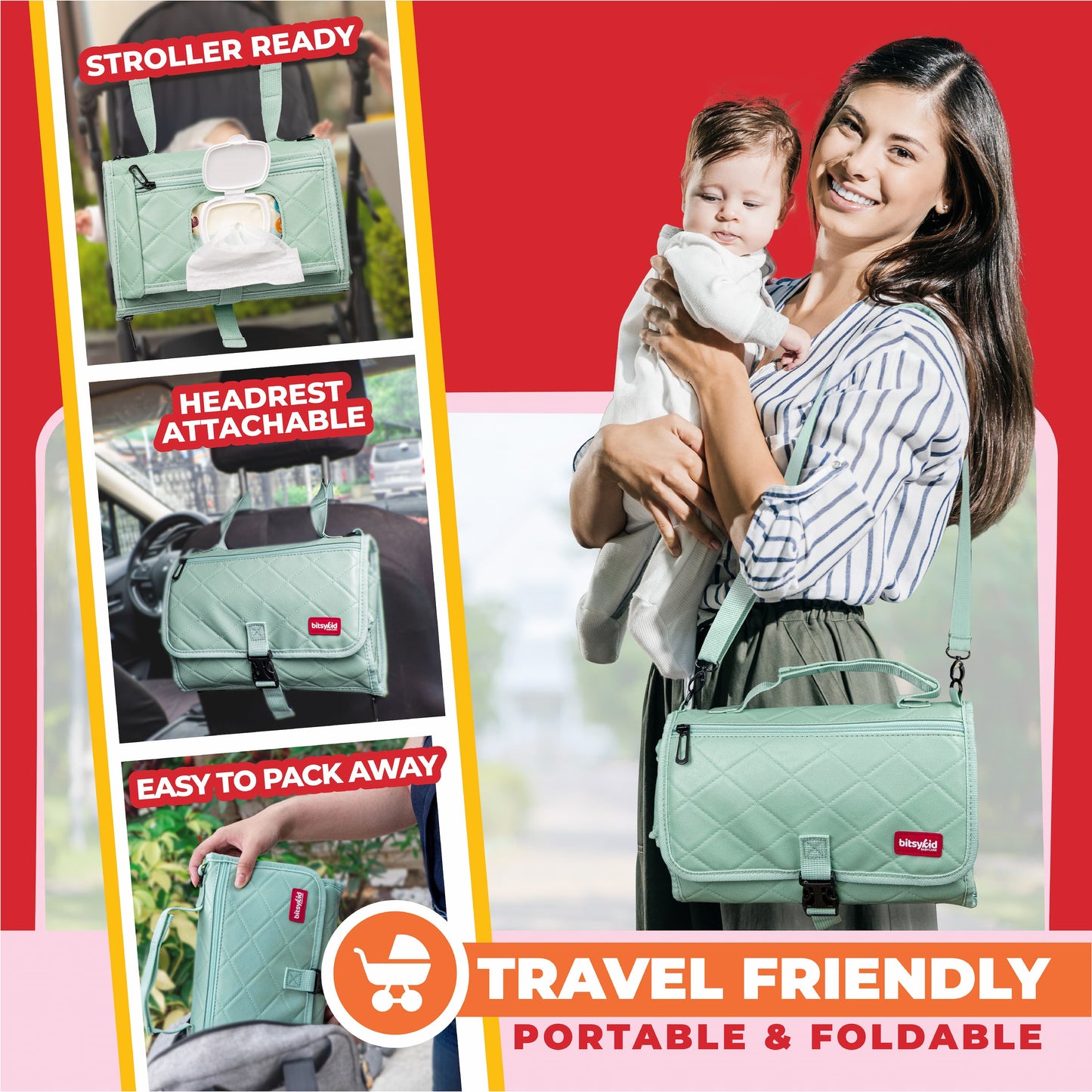Bitsykid Portable Diaper Changing Pad – Extra-Cushioned Travel Mat with Built-In Wipes Pocket – Waterproof, Easy to Clean, Gift-Ready (Seafoam Green)