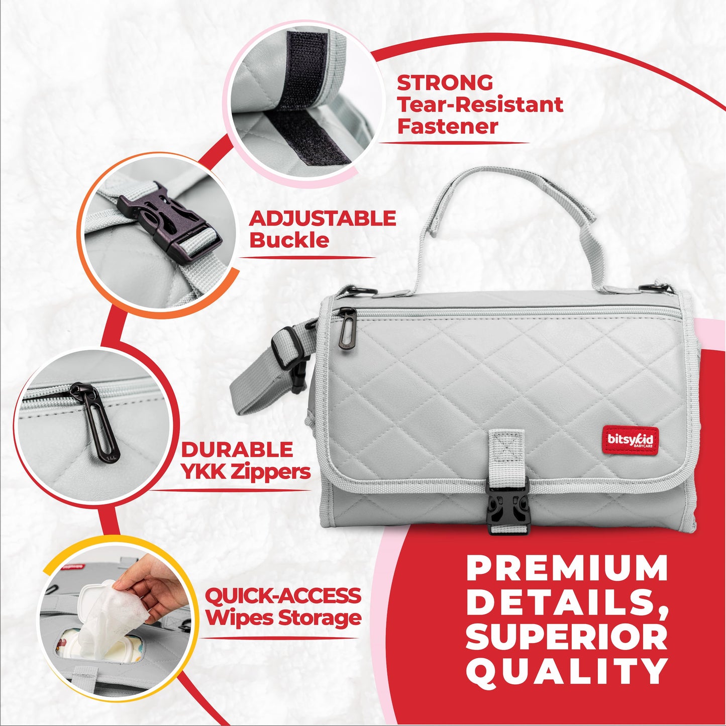 Bitsykid Portable Diaper Changing Pad – Extra-Cushioned Travel Mat with Built-In Wipes Pocket – Waterproof, Easy to Clean, Gift-Ready (Cloud Gray)