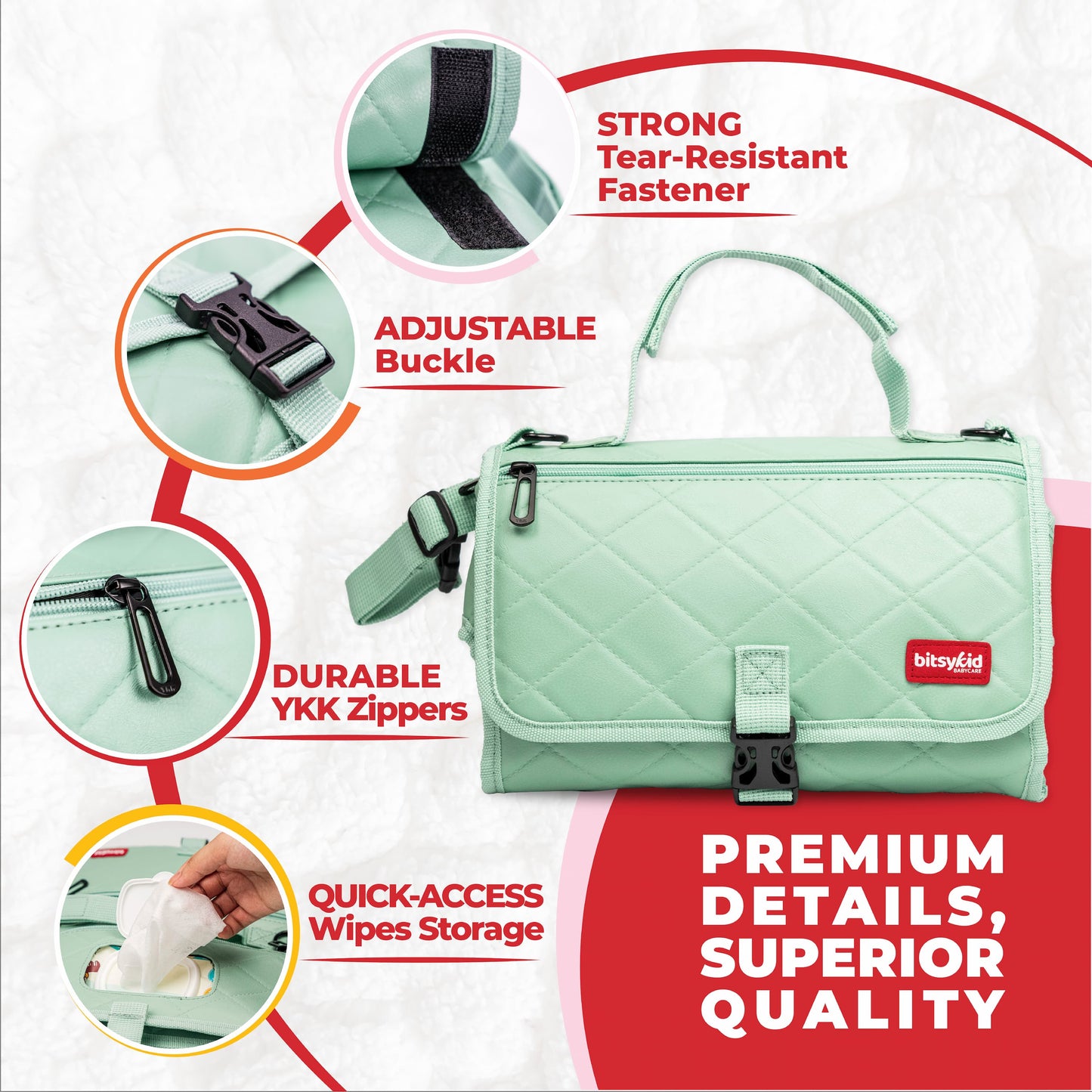 Bitsykid Portable Diaper Changing Pad – Extra-Cushioned Travel Mat with Built-In Wipes Pocket – Waterproof, Easy to Clean, Gift-Ready (Seafoam Green)