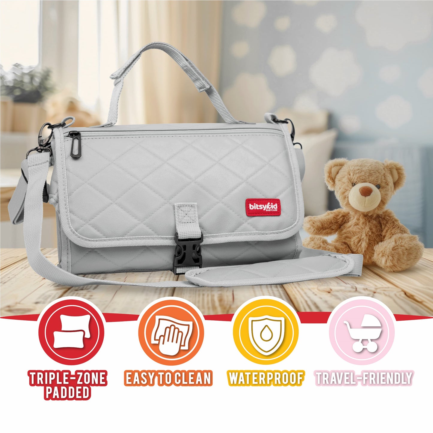 Bitsykid Portable Diaper Changing Pad – Extra-Cushioned Travel Mat with Built-In Wipes Pocket – Waterproof, Easy to Clean, Gift-Ready (Cloud Gray)