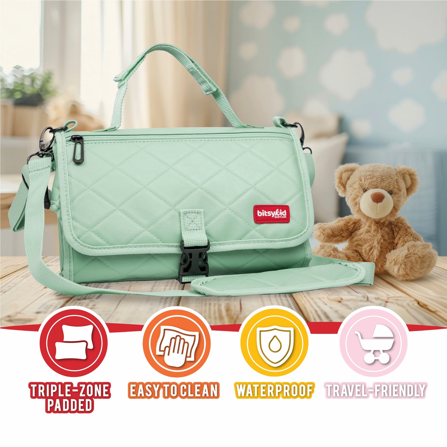 Bitsykid Portable Diaper Changing Pad – Extra-Cushioned Travel Mat with Built-In Wipes Pocket – Waterproof, Easy to Clean, Gift-Ready (Seafoam Green)