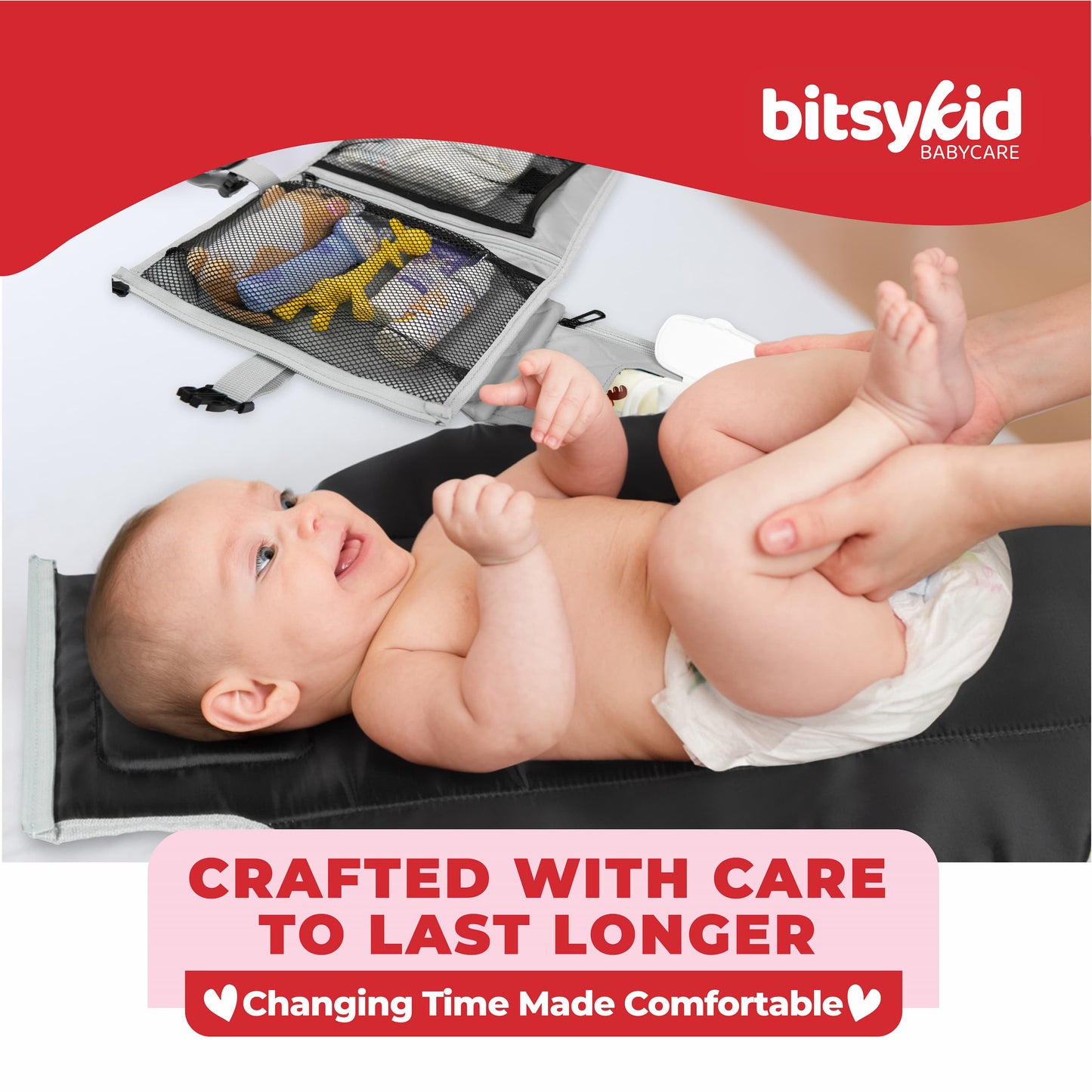 Bitsykid Portable Diaper Changing Pad – Extra-Cushioned Travel Mat with Built-In Wipes Pocket – Waterproof, Easy to Clean, Gift-Ready (Cloud Gray)