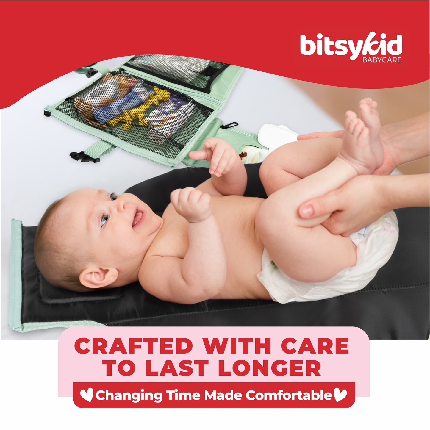 Bitsykid Portable Diaper Changing Pad – Extra-Cushioned Travel Mat with Built-In Wipes Pocket – Waterproof, Easy to Clean, Gift-Ready (Seafoam Green)